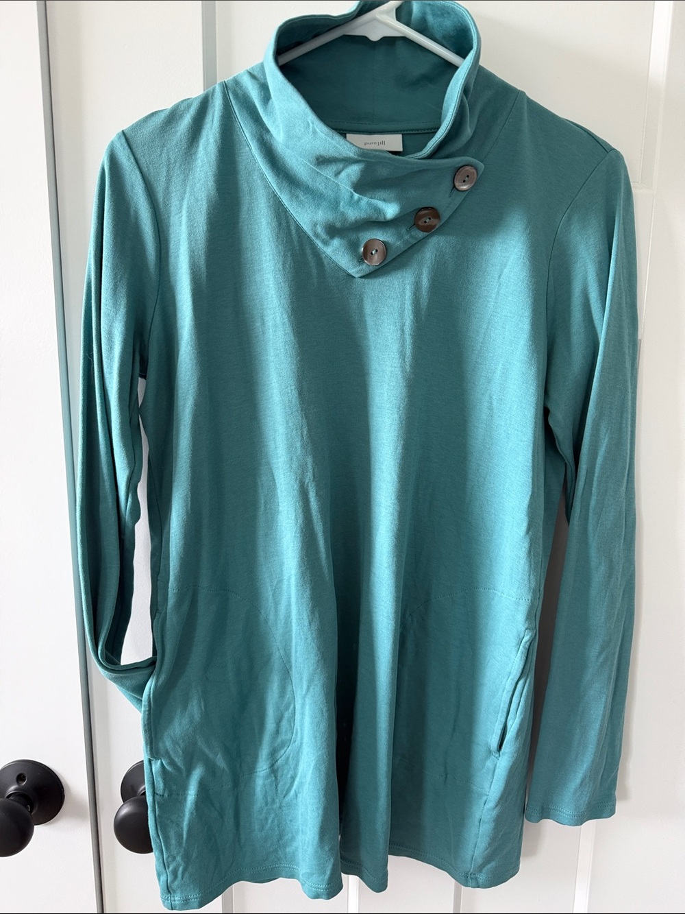 Women's Teal Button-Accent Funnel Neck Long Sleeve Top